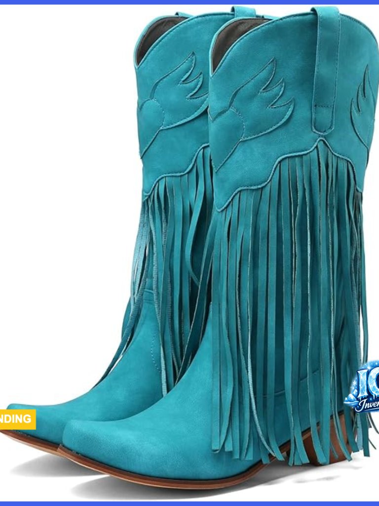Fringe Cowboy Boots Square Toe Mid Calf Embroidered Western Boots